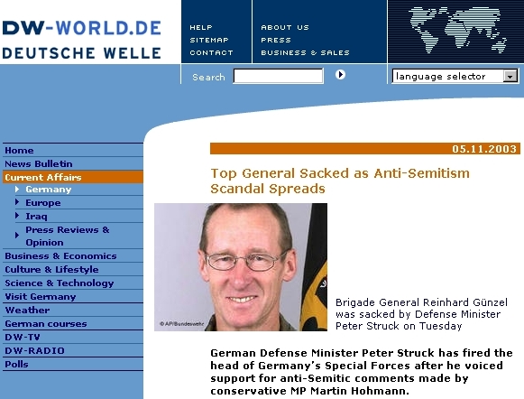 Bericht über die Entlassung von Brigadegeneral Reinhard Günzel im internet-Auftritt der Deutschen Welle Bericht über die Entlassung von Brigadegeneral Reinhard Günzel im internet-Auftritt der Deutschen Welle